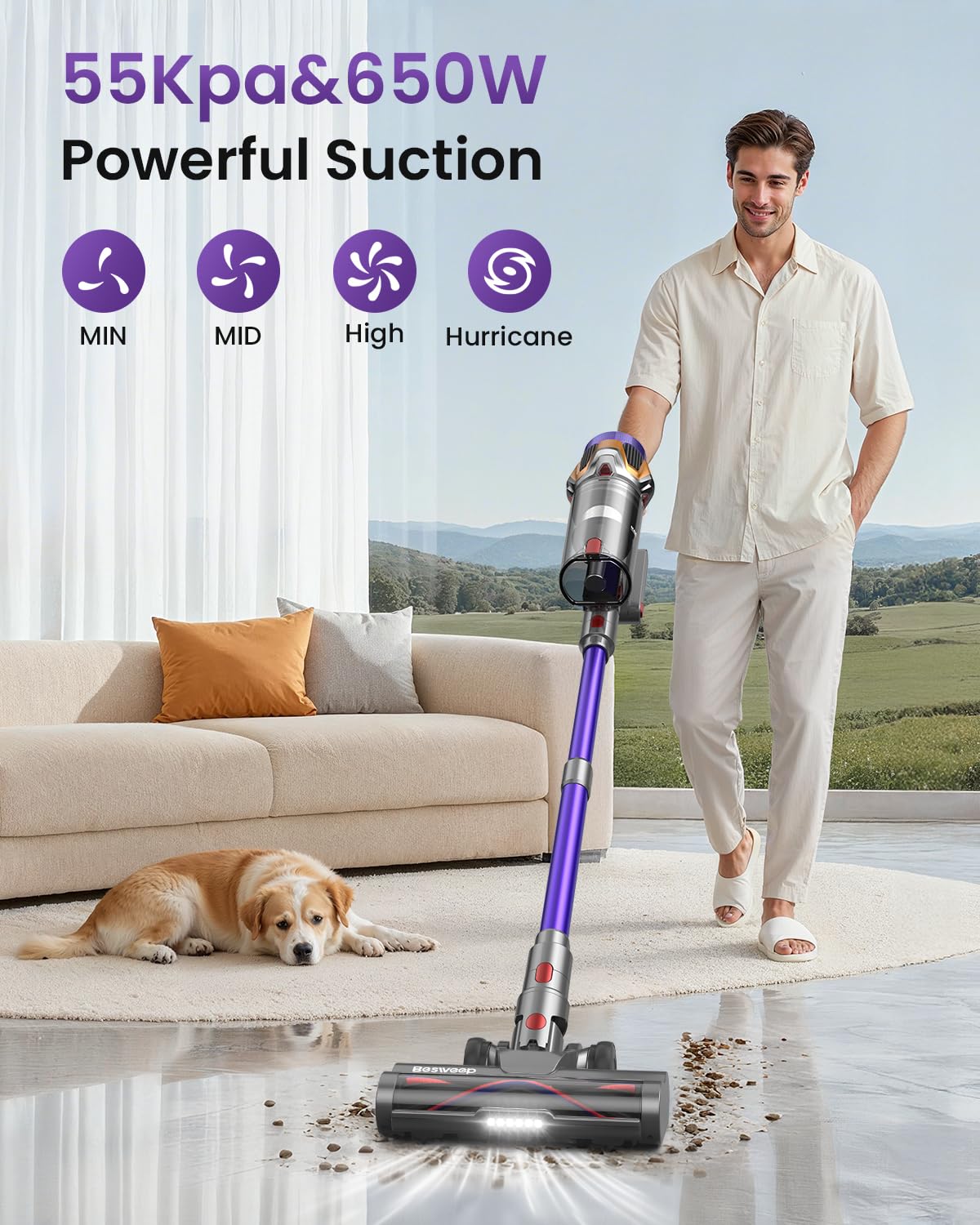 Besweep hurricane mode demonstrates peak suction for tough spills and messes.