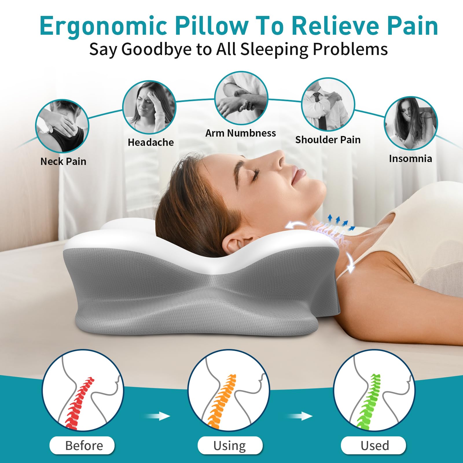 Besyodo cervical pillow armrest detail showing extended support for arms