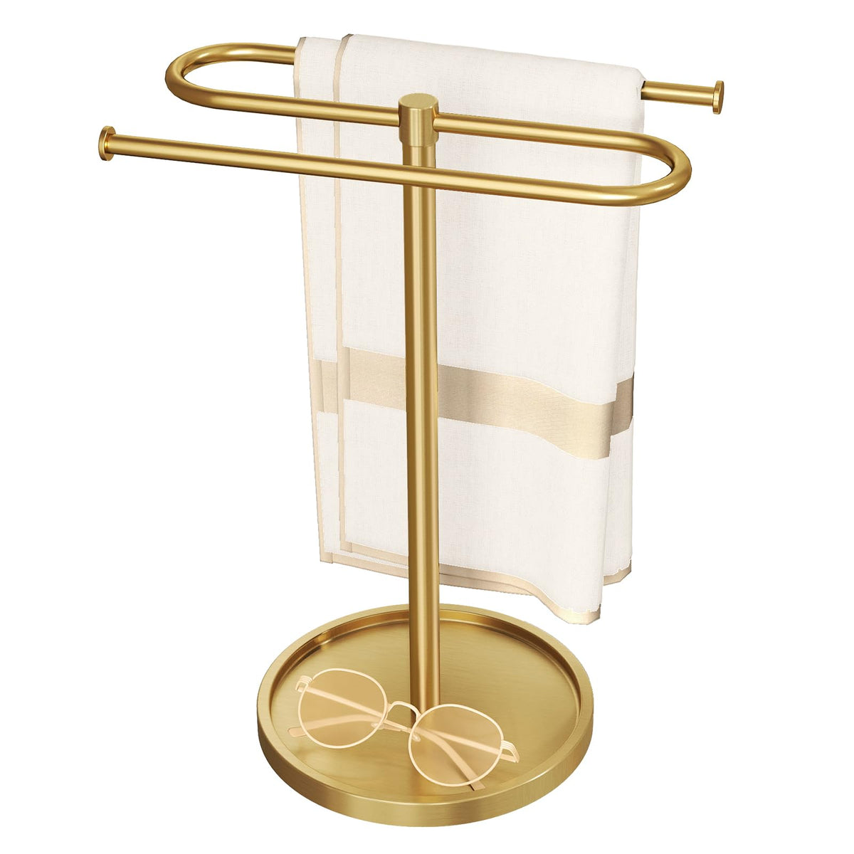 Bethom towel stand gold showing base stability on a bathroom countertop.