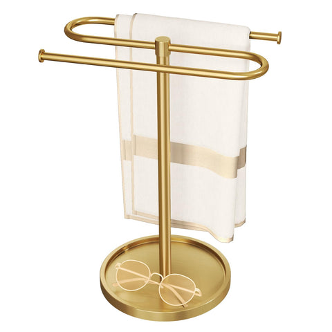 Bethom towel stand gold showing base stability on a bathroom countertop.