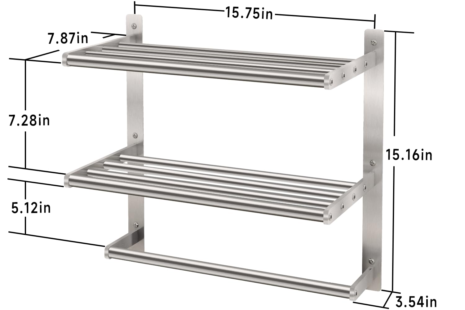 Bethom towel shelf illustrating 7.28 inch tier spacing for towels and robes.