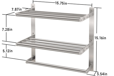 Bethom towel shelf illustrating 7.28 inch tier spacing for towels and robes.