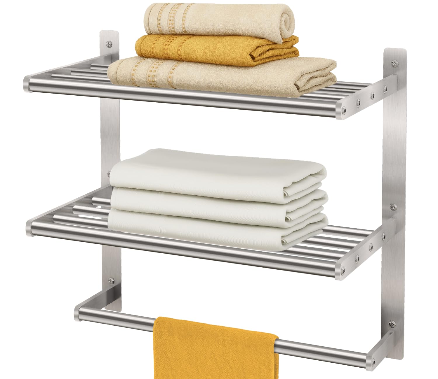 Bethom 3-tier wall-mounted towel shelf in brushed nickel for durable storage.