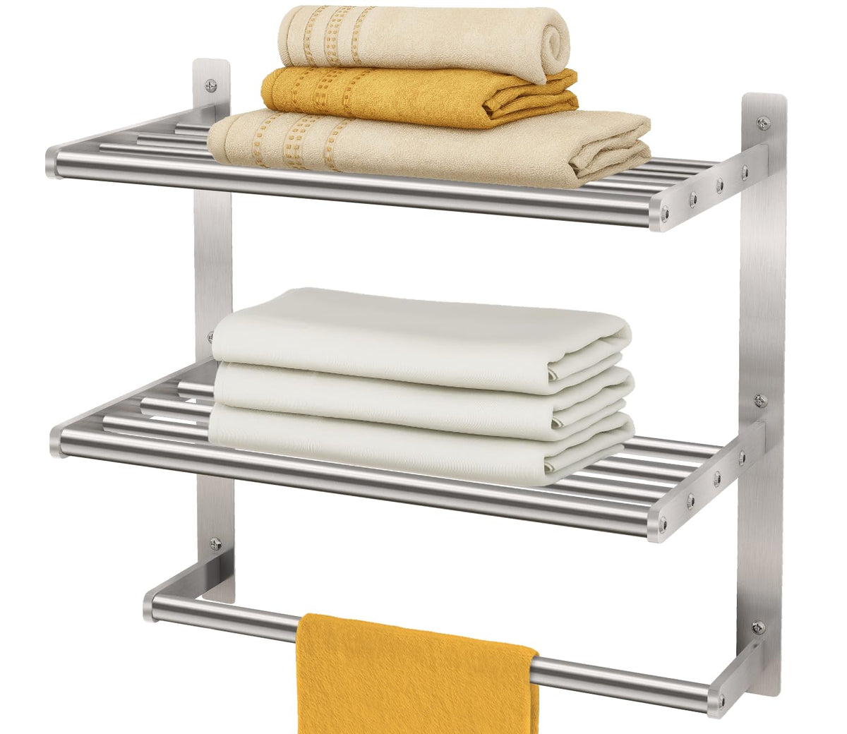 Bethom 3-tier wall-mounted towel shelf in brushed nickel for durable storage.