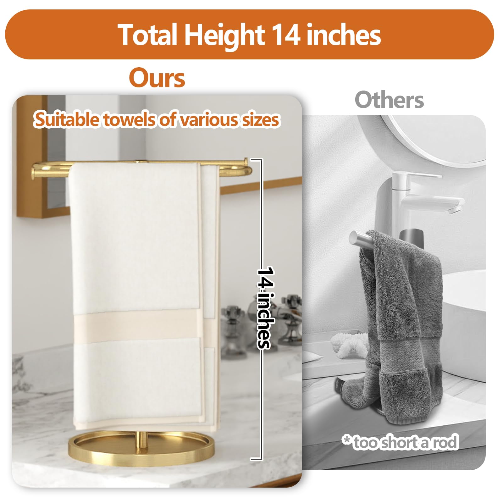 Bethom towel stand gold at 14-inch height keeps towels off the ground.