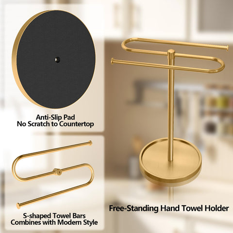 Bethom towel stand gold non-slip base protects countertops during use.