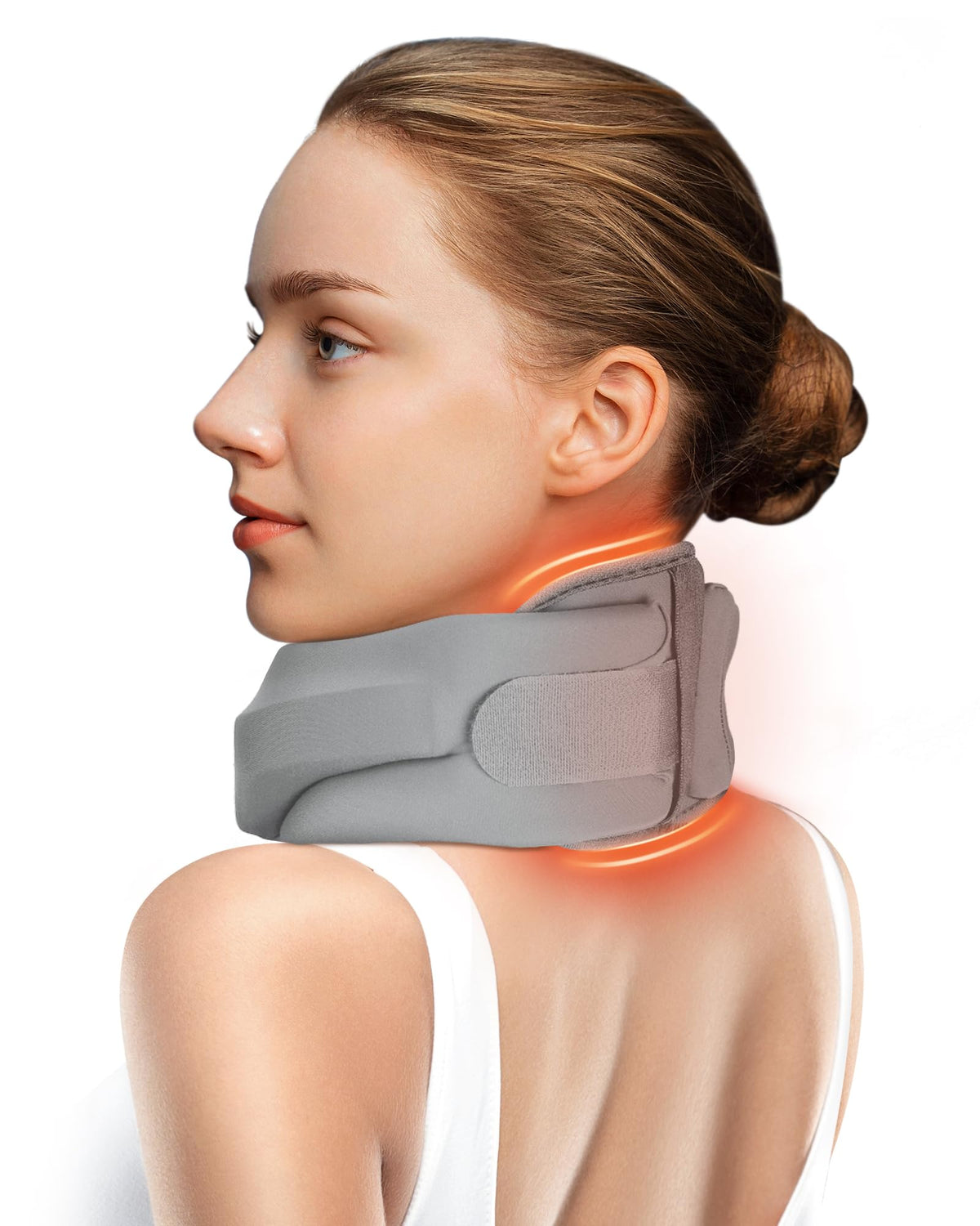 BETOVIN heated neck brace front view showing supportive alignment and soft foam wrap