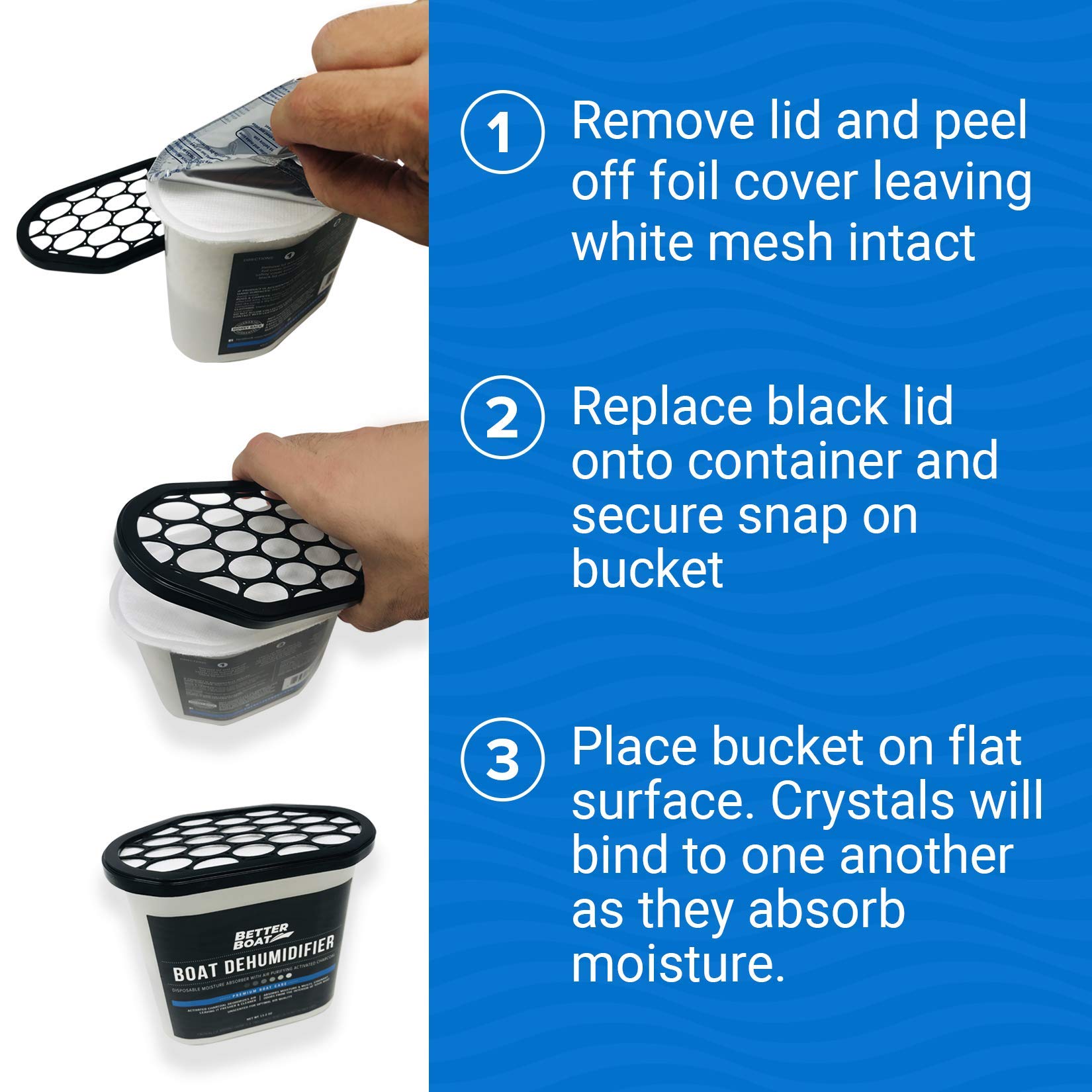 Better Boat compact bucket fits closets and cabins for rapid humidity control.