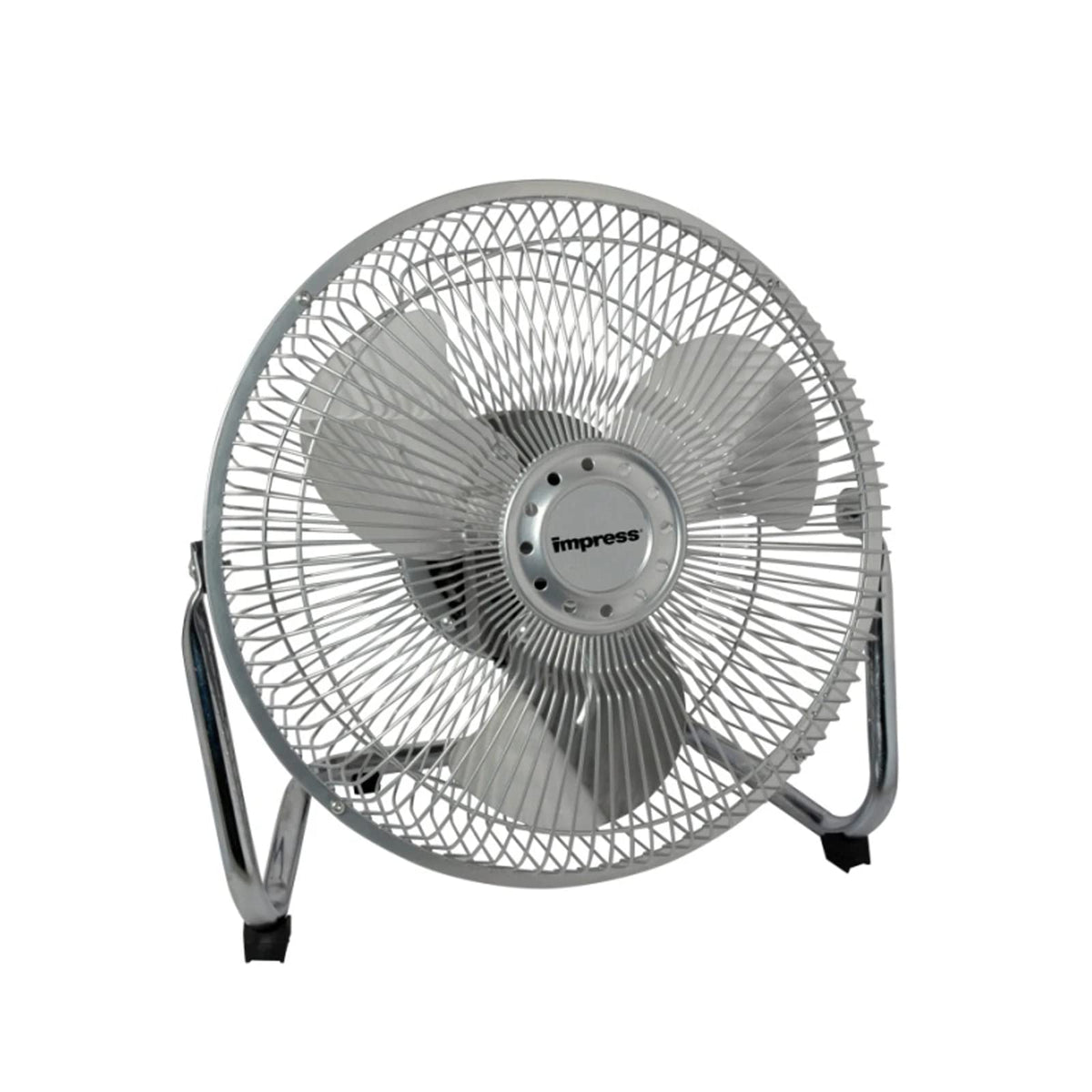 Better Chef Impress 9-inch high-velocity fan front view shows chrome finish and three speeds for office cooling.