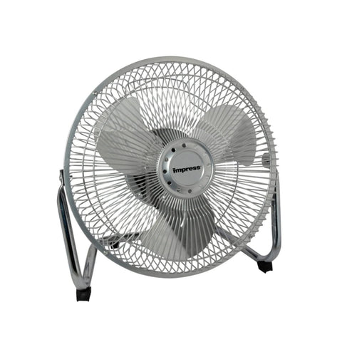 Better Chef Impress 9-inch high-velocity fan front view shows chrome finish and three speeds for office cooling.