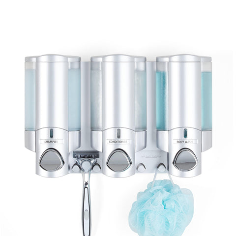 Better Living Aviva 3-chamber shower dispenser mounted on wall for clutter-free shower