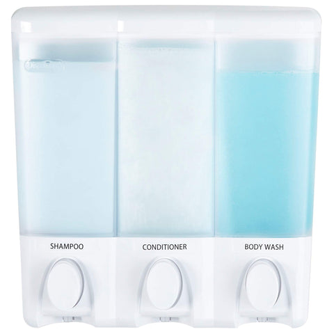 Better Living Clear Choice 3-Chamber shower dispenser front view with visible liquids.