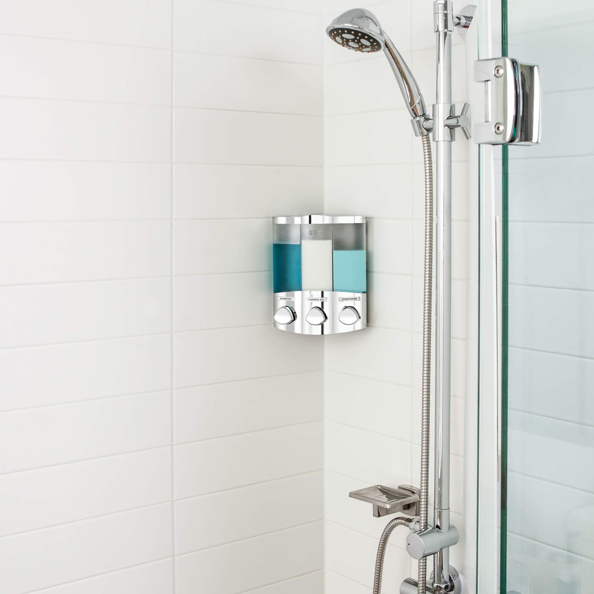 Better Living Euro Trio chrome dispenser corner mount for compact shower organization