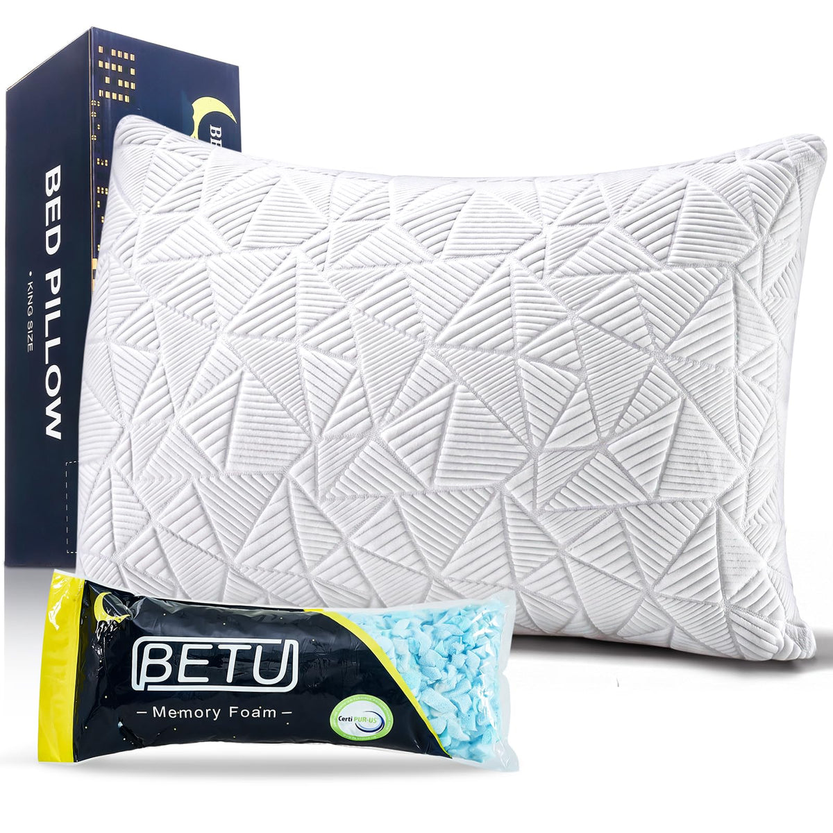 BETU cooling king-size pillow front view showing supportive shape for multiple sleep positions