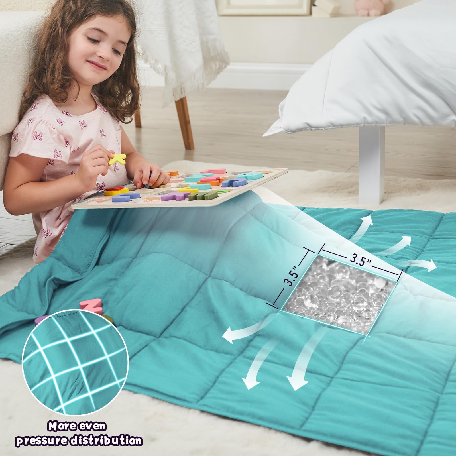 BETU teal weighted blanket beads closeup shows breathable design.