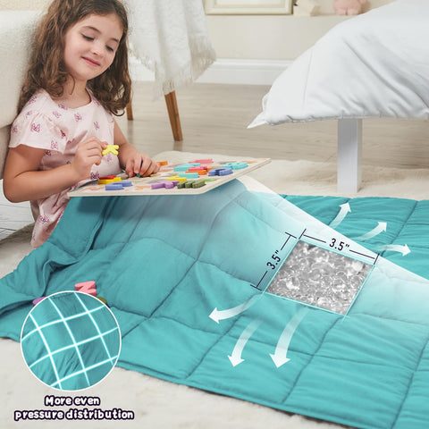 BETU teal weighted blanket beads closeup shows breathable design.