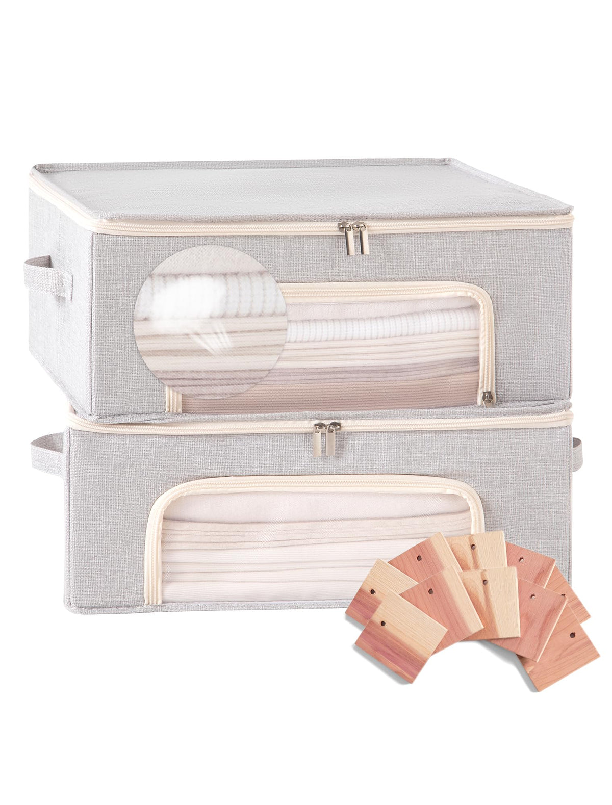 Beveetio 2-pack cashmere storage bags with cedar blocks for fresh protection.