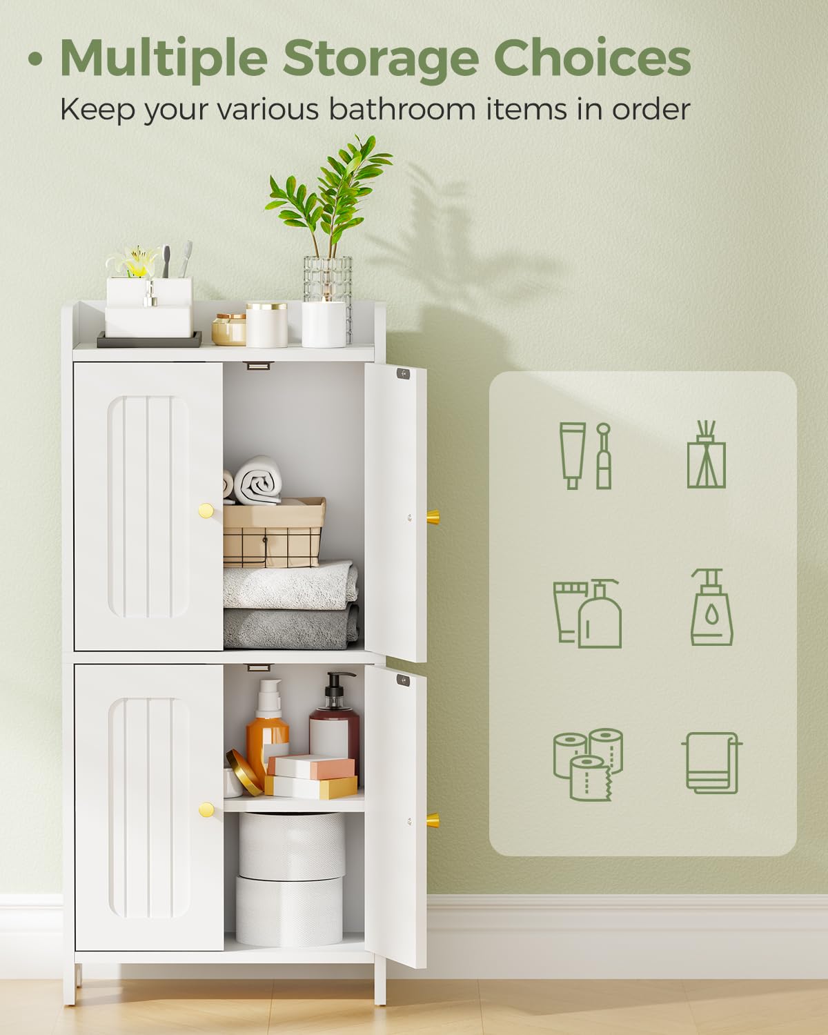 Adjustable shelves behind doors adapt to items of various heights