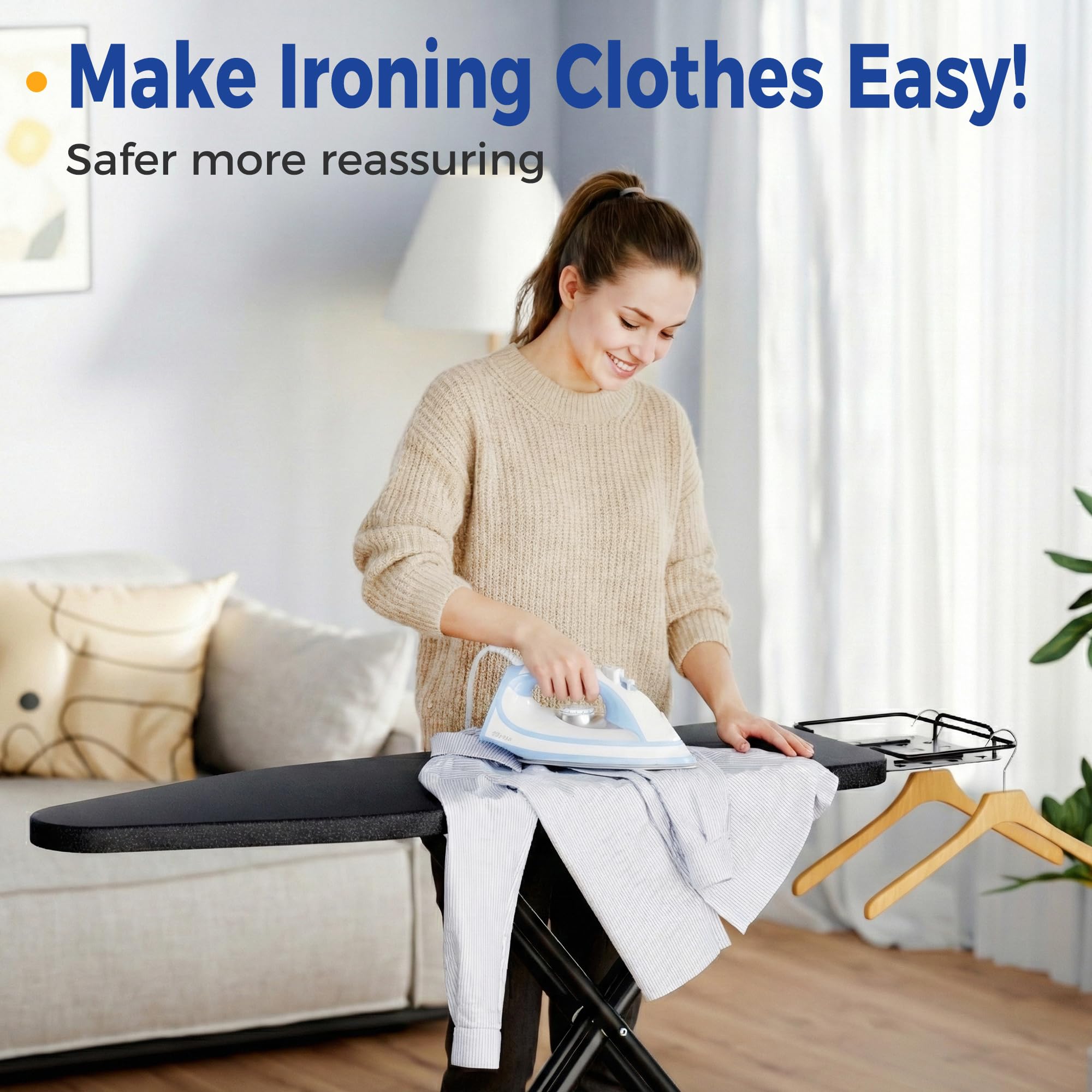 BEWISHOME height-adjustable ironing board supports comfortable standing or seated ironing