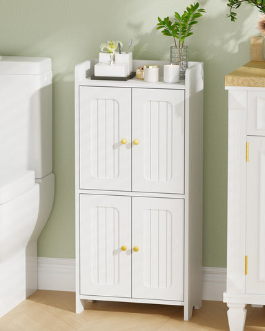BEWISHOME small floor cabinet with four doors keeps bathroom essentials organized in white