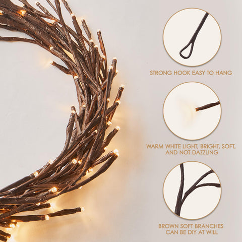 Bexdir Willow Vine Lights on a fireplace mantel create a festive glow