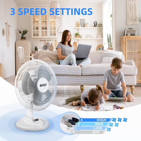 BEYOND BREEZE oscillating table fan side view shows tilt capability