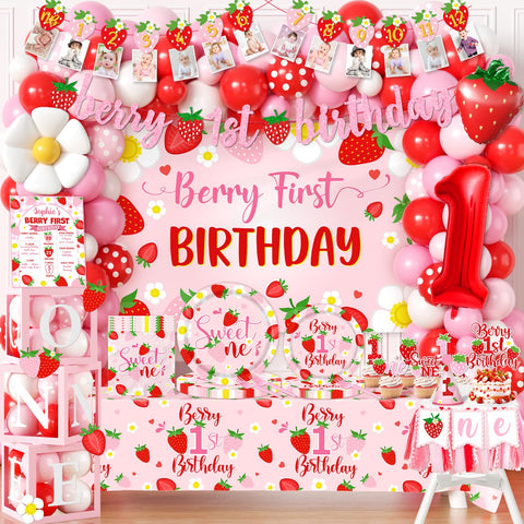 Bezkega berry first birthday banner adds playful strawberry flair to the party.