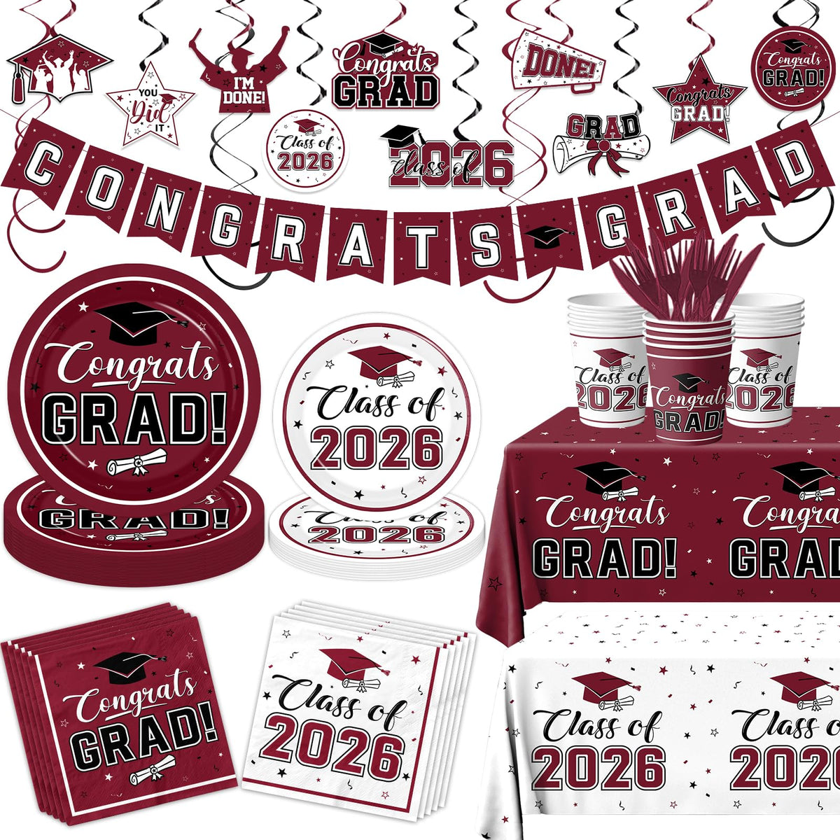 Bezkega Graduation 189pcs tableware set in maroon and white for a coordinated party setup