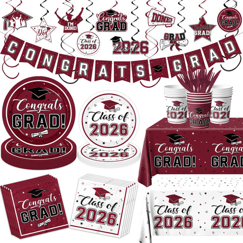 Bezkega Graduation 189pcs tableware set in maroon and white for a coordinated party setup