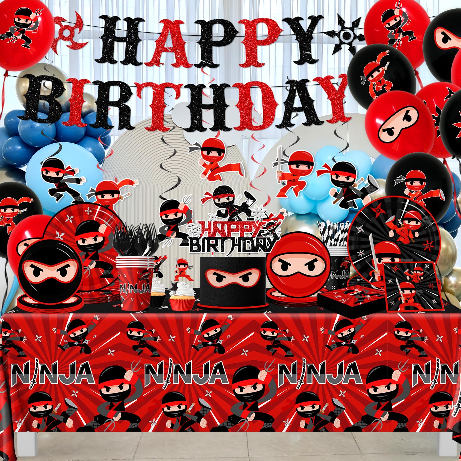 Bezkega ninja party tablecloth protects surfaces while adding theme color and fun.