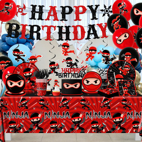 Bezkega ninja party tablecloth protects surfaces while adding theme color and fun.