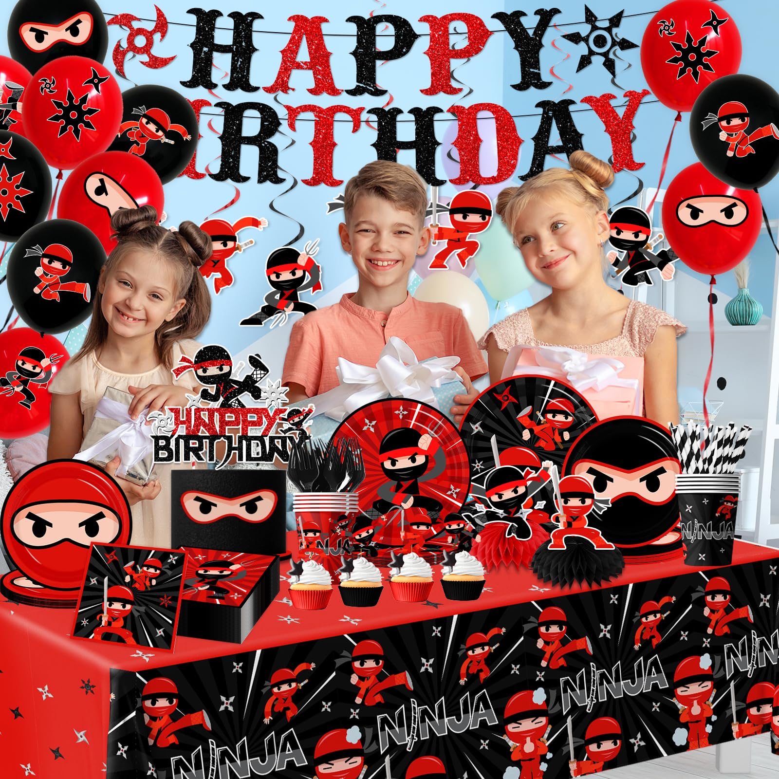 Bezkega ninja party cups offer leak-resistant beverage service for kids' ninja party.