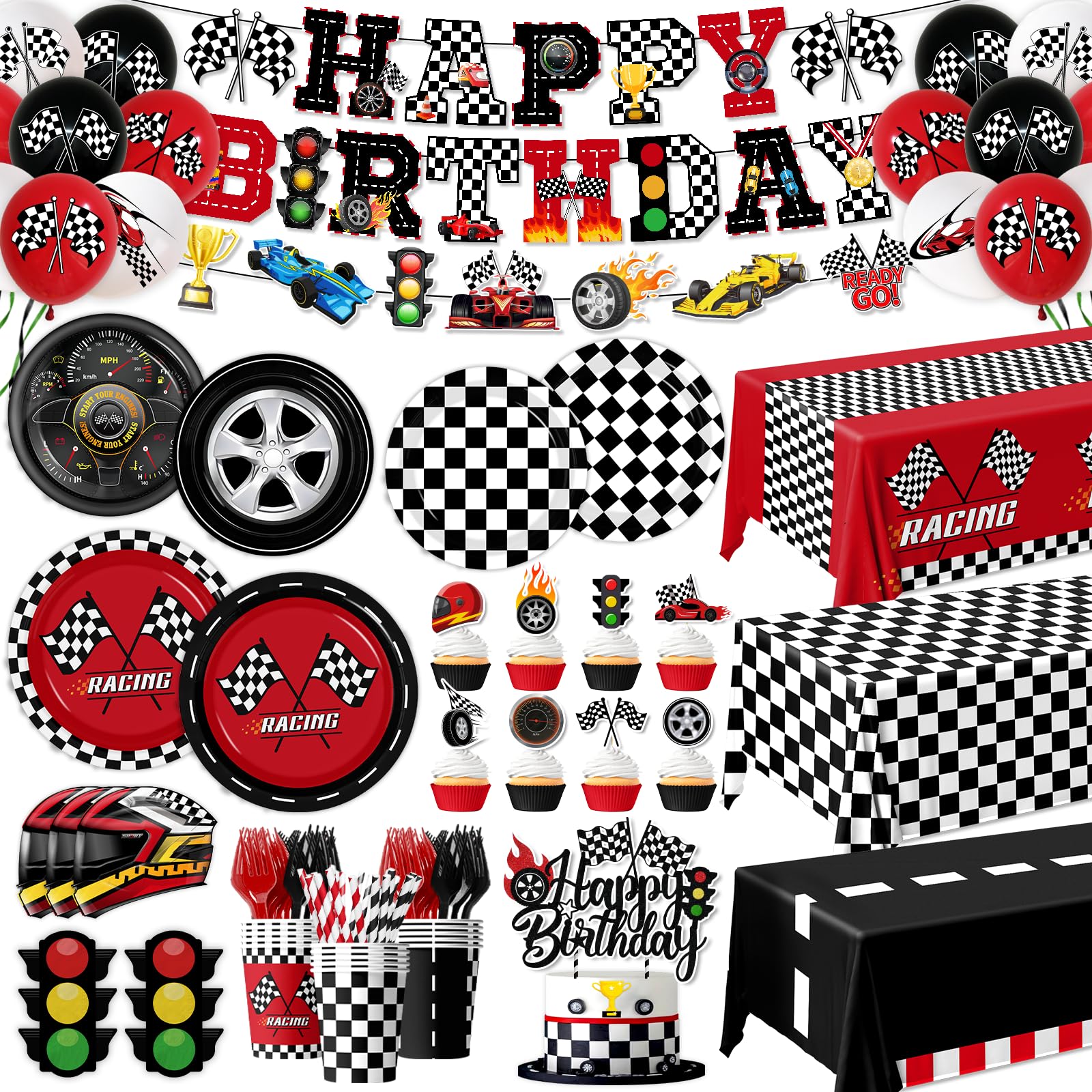 Bezkega race car birthday banner enhances party theme and excitement.
