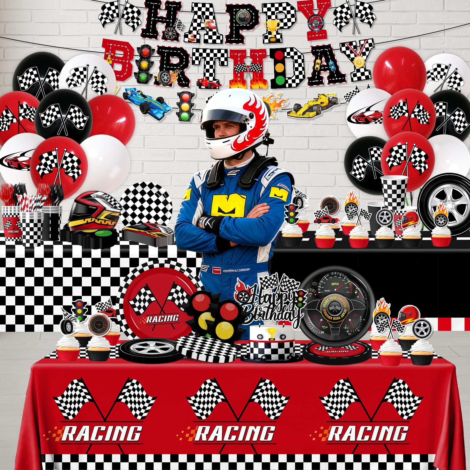 Bezkega race car dessert plates brighten kid-friendly treats.