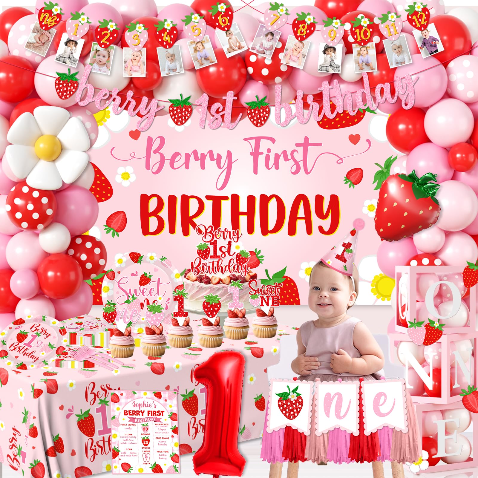 Bezkega strawberry backdrop creates photo-perfect strawberry-themed party backdrop.