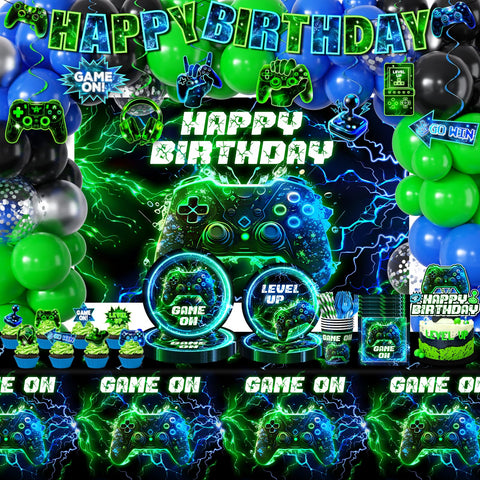 Bezkega video game birthday banner sets bold gamer theme for the party
