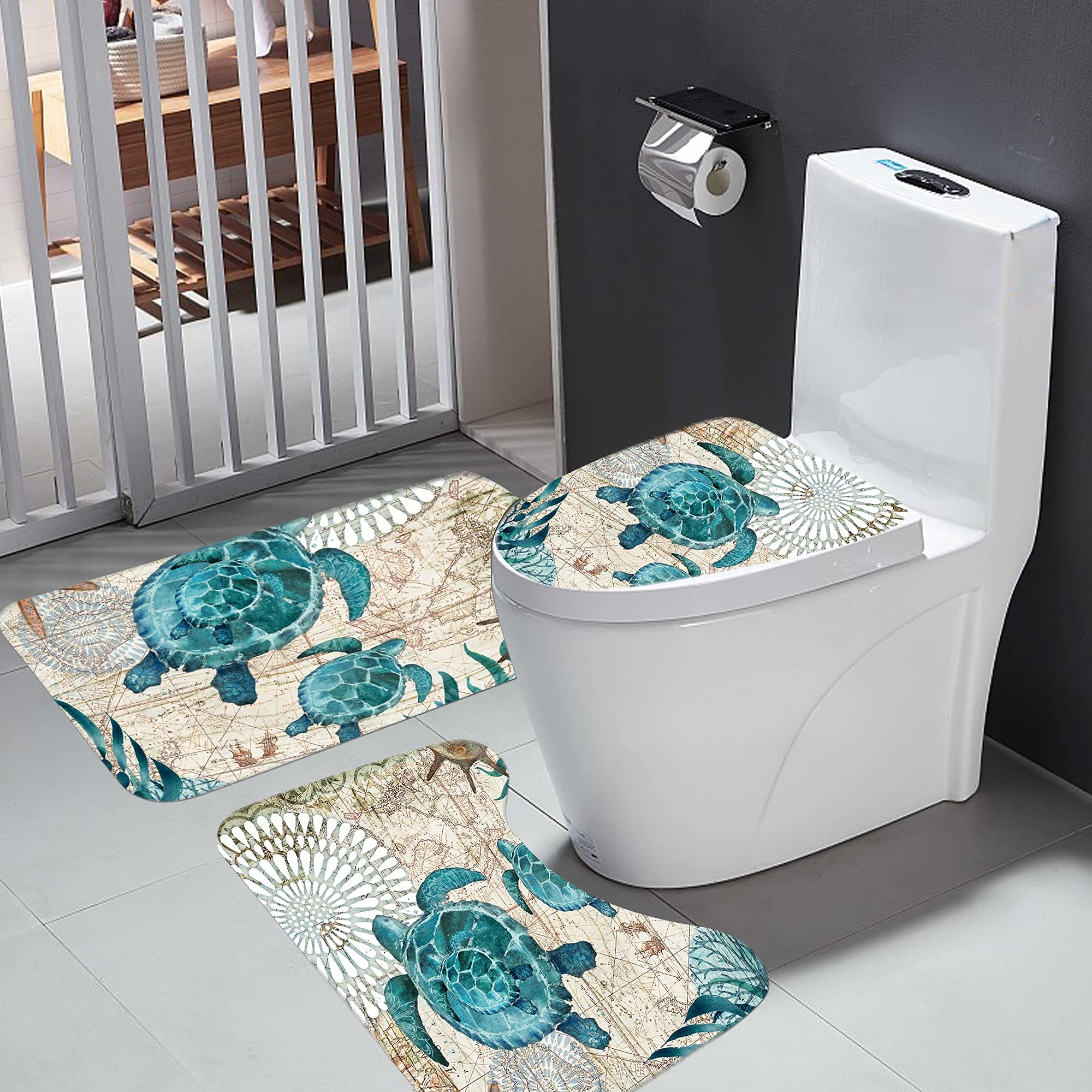 BGCTM Ocean Turtle design detail on shower curtain adds coastal charm and color.