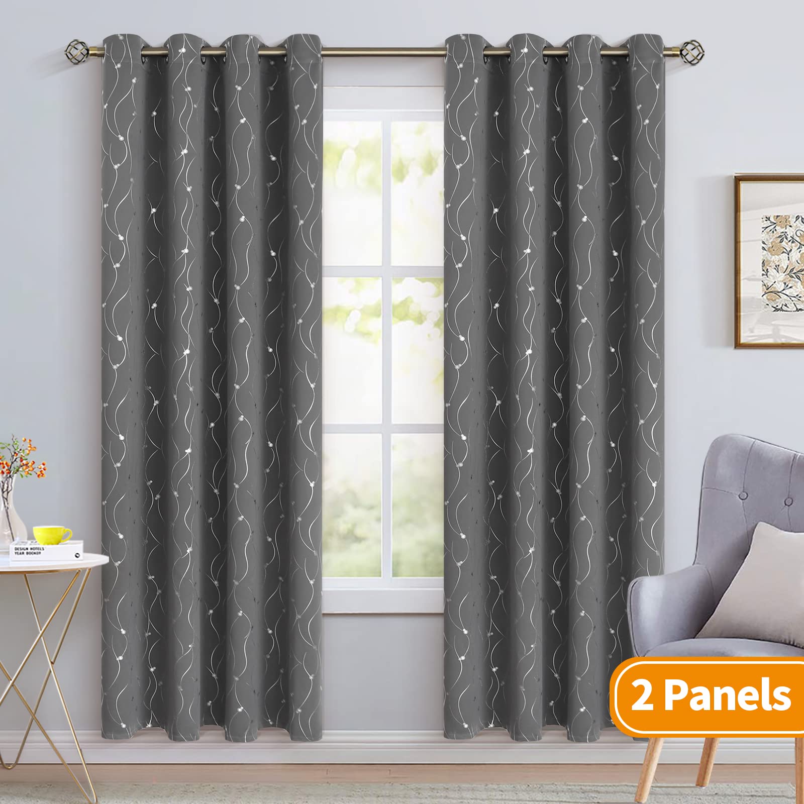 BGment dark-grey curtains with silver-foil print add modern shine and style.