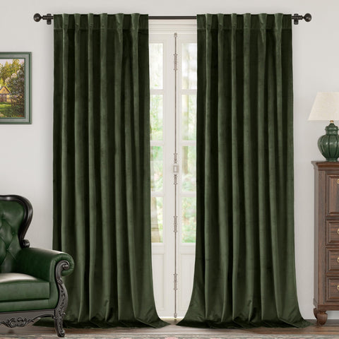 BGment olive green velvet curtains front view, adds luxurious softness to living spaces