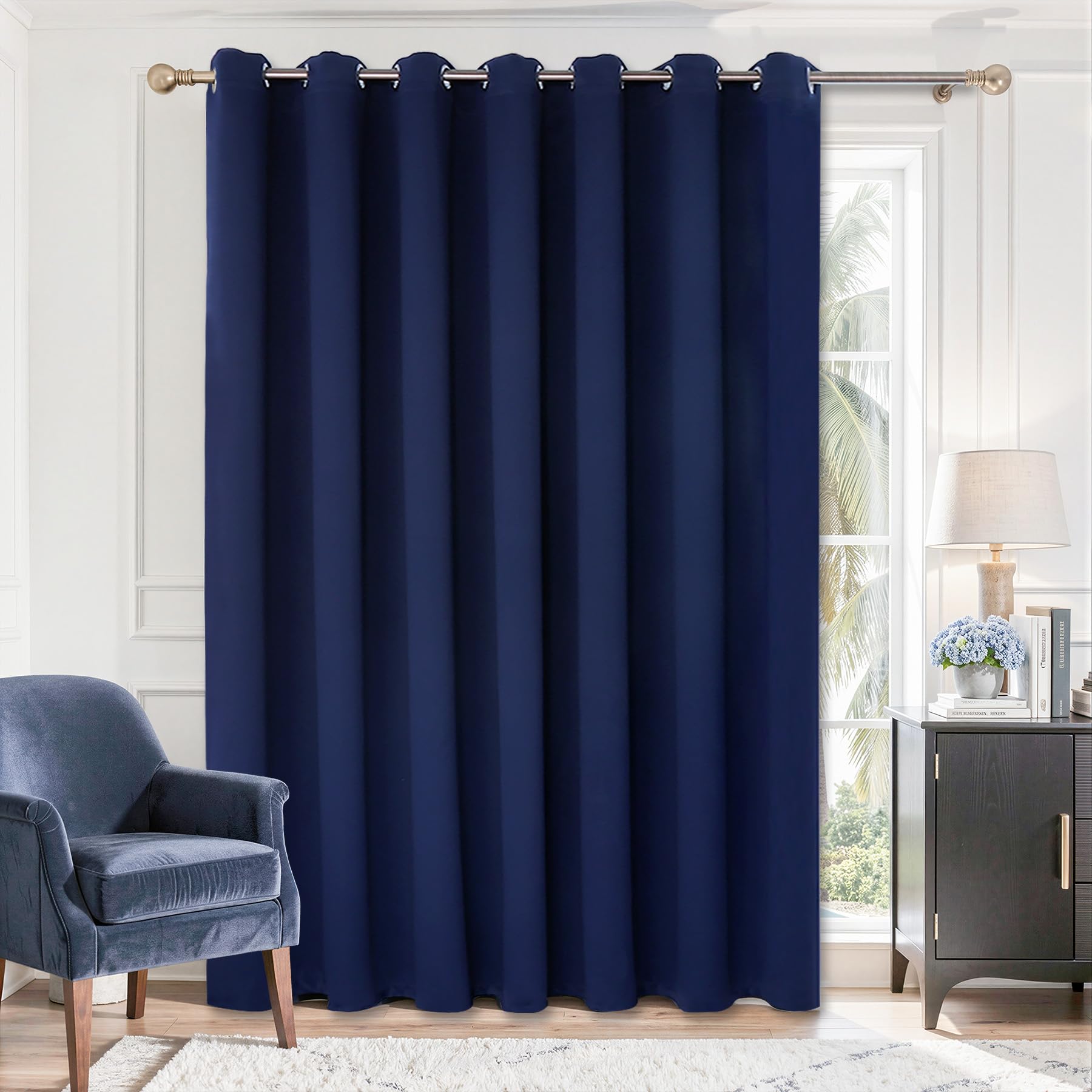 BGment sliding door curtain navy blue, 100 inch wide, blocks light for privacy.