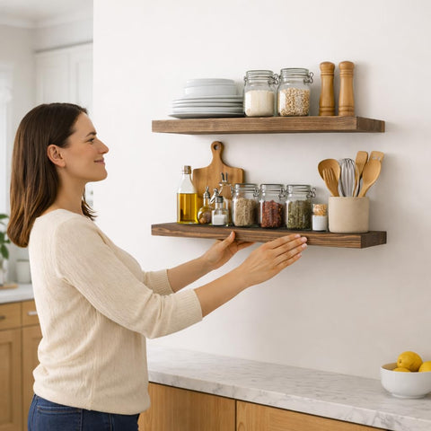BGMG bedroom decor and storage on floating shelves add subtle, rustic charm.