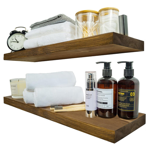 BGMG wood floating shelves 24in walnut wall-mounted showcase natural grain and knots for warmth.