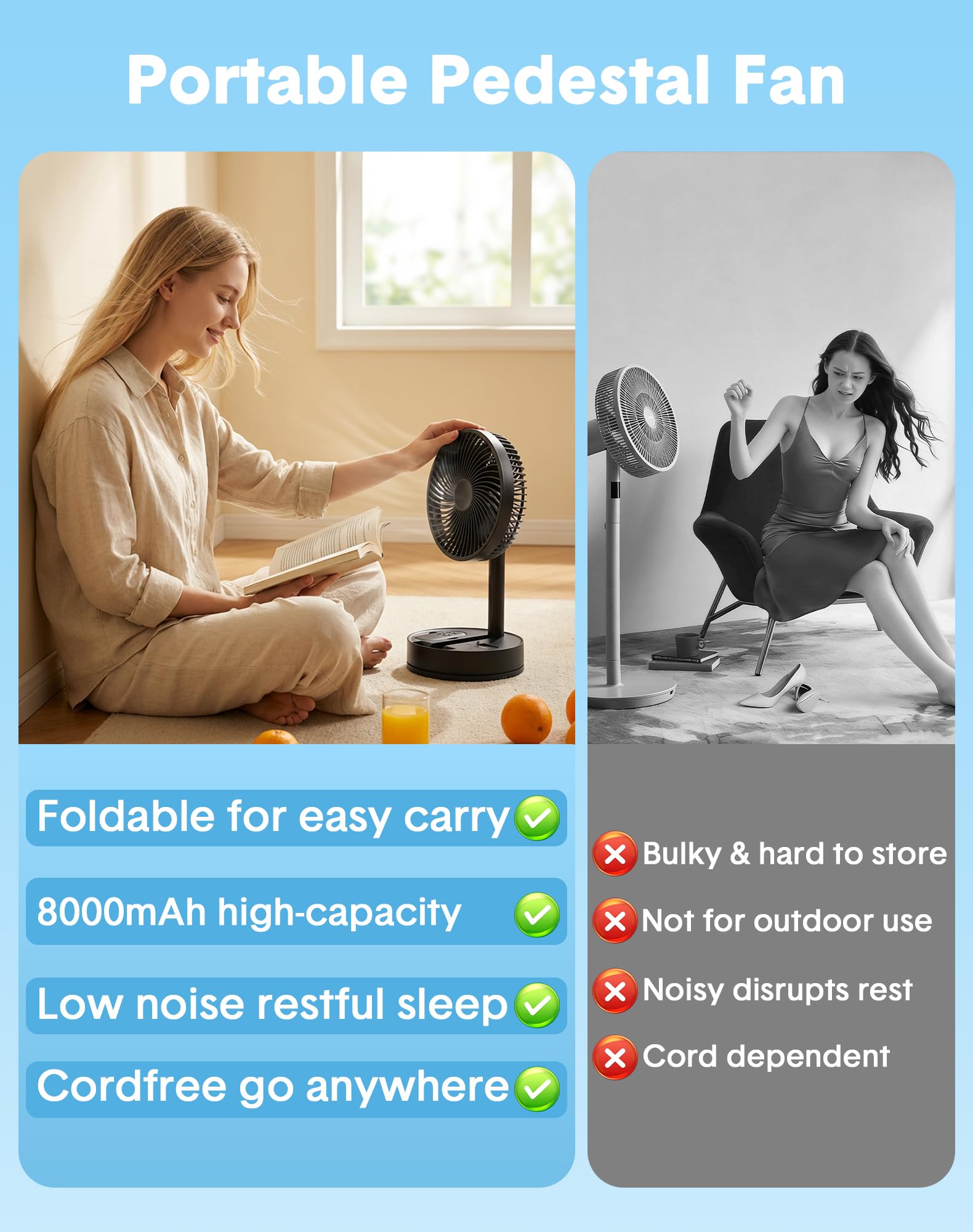 BGYUA portable standing fan shows extended height for versatile room coverage.