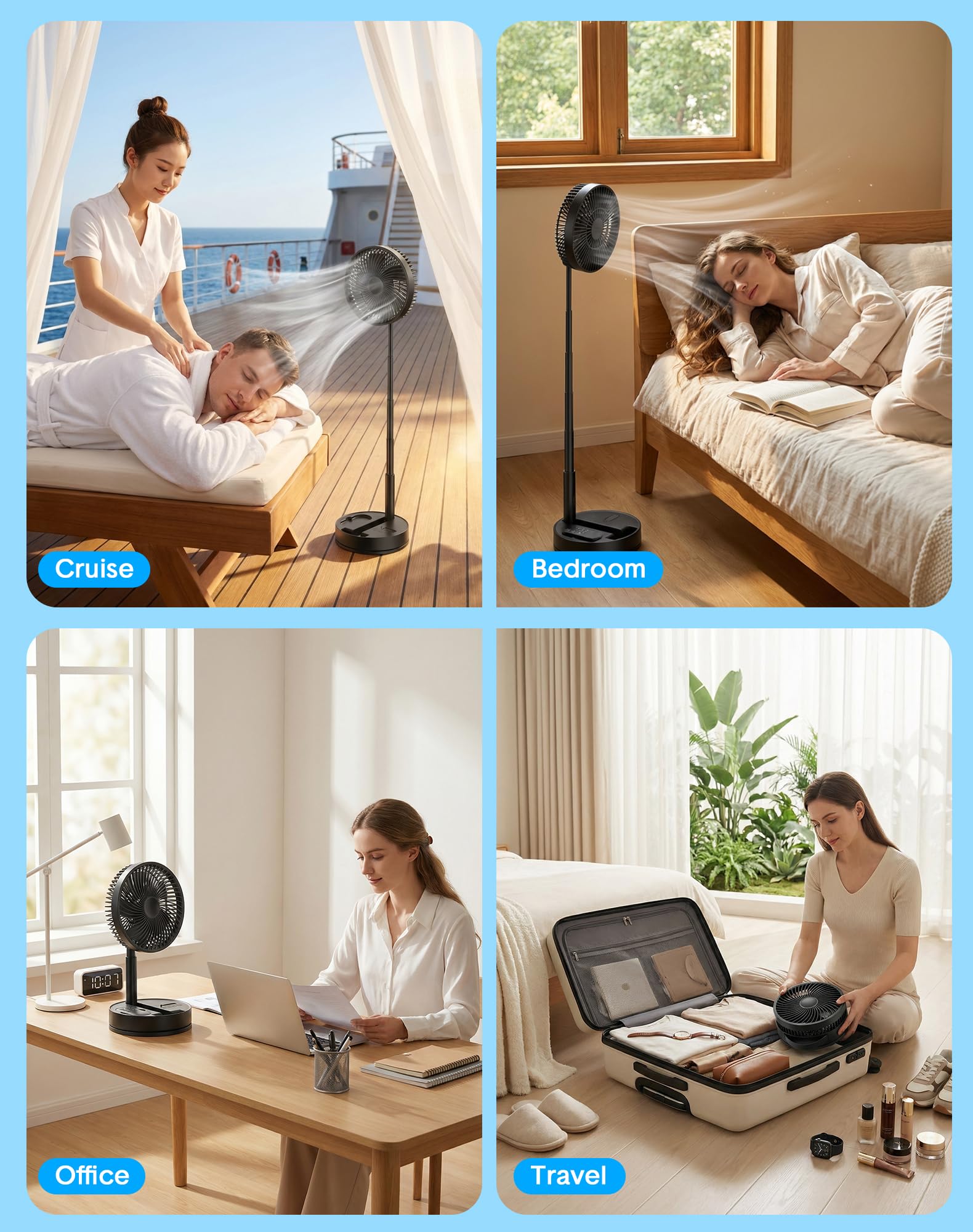 BGYUA travel-friendly fan, ideal for tents, cruises, and vacations.