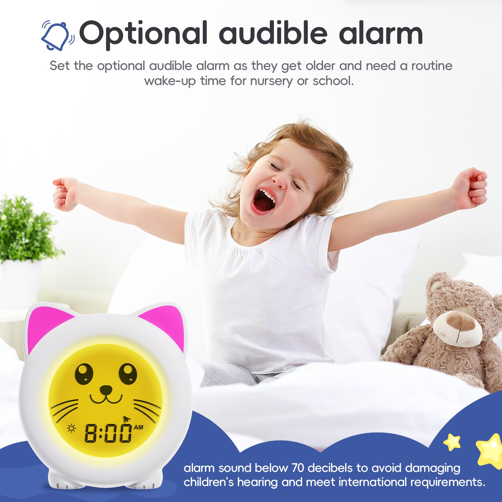 Soft blue night light supports gentle morning wake-up