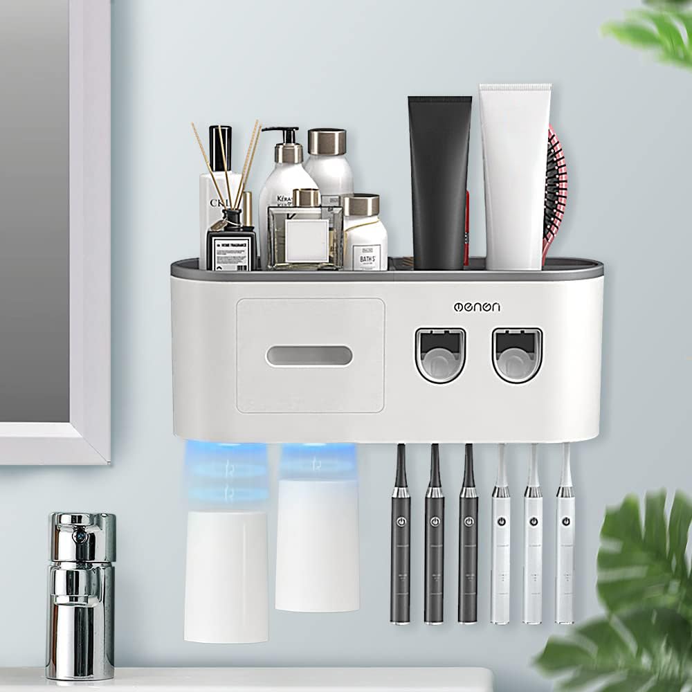 BHeadCat wall-mounted toothbrush holder with six slots keeps family brushes organized.