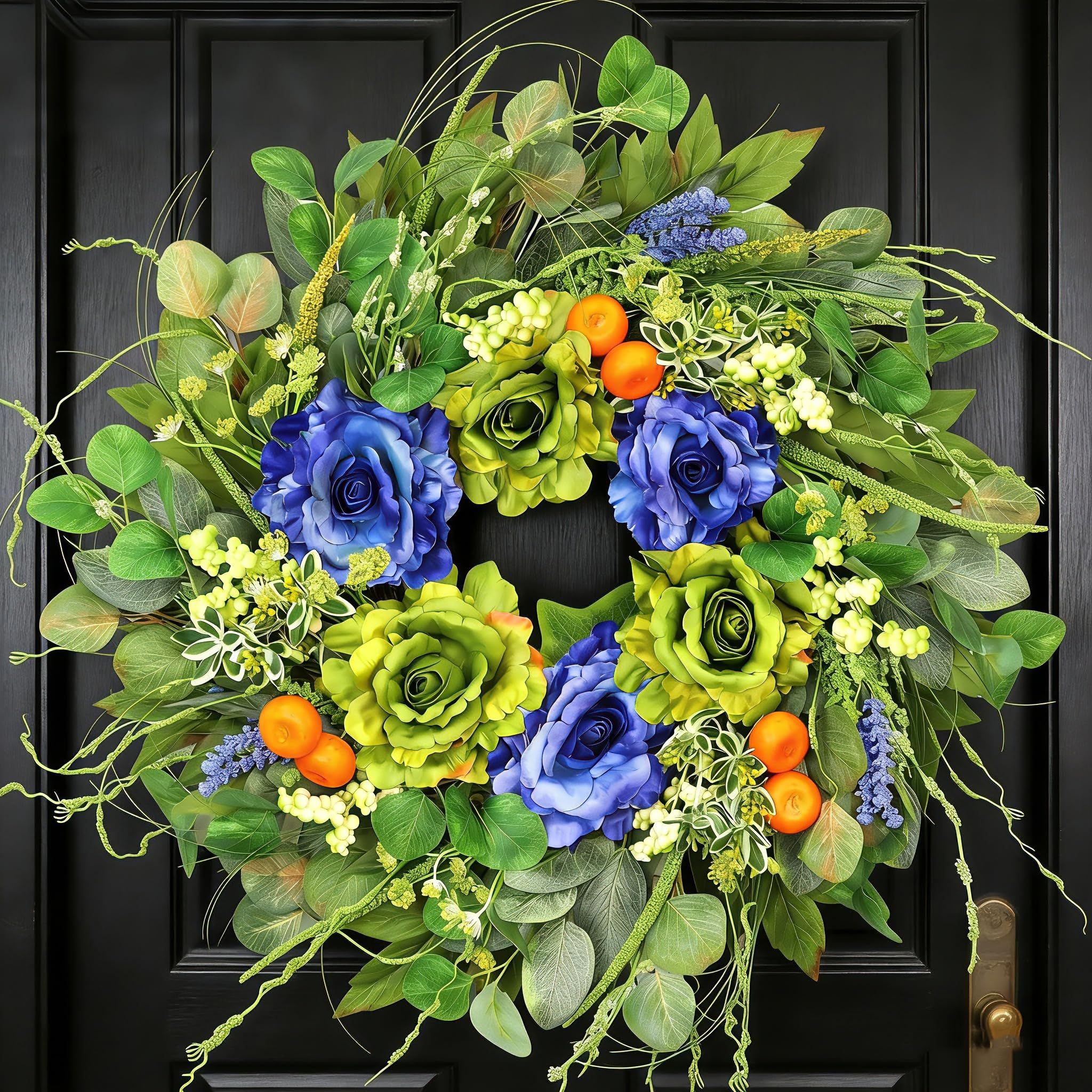 BHHDA 24-inch spring wreath with blue roses enhances your front door curb appeal