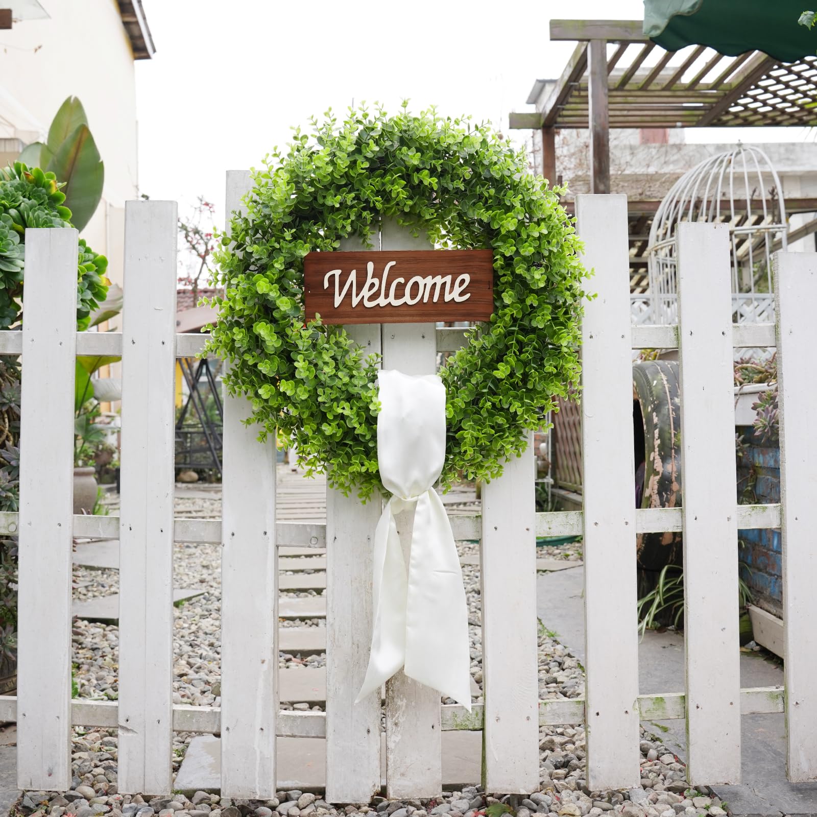 BHHDA artificial boxwood wreath with dense greenery for lasting curb appeal.