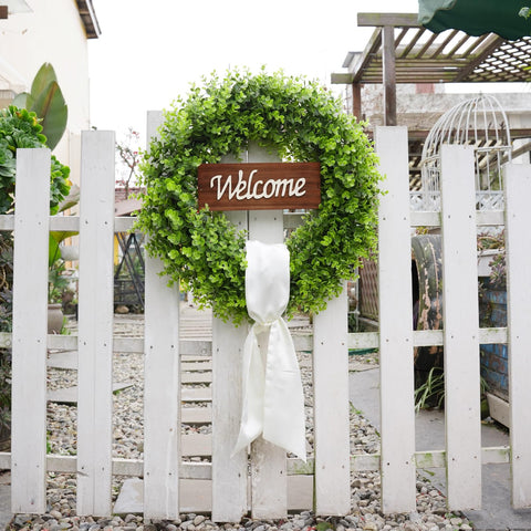 BHHDA artificial boxwood wreath with dense greenery for lasting curb appeal.