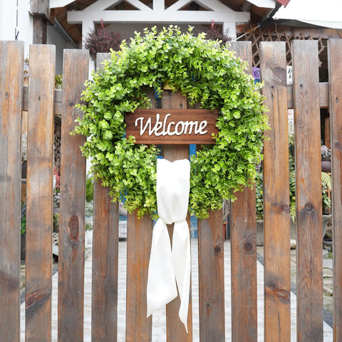 BHHDA large 24-inch wreath featuring a yellow sash and hello sign for seasonal styling.
